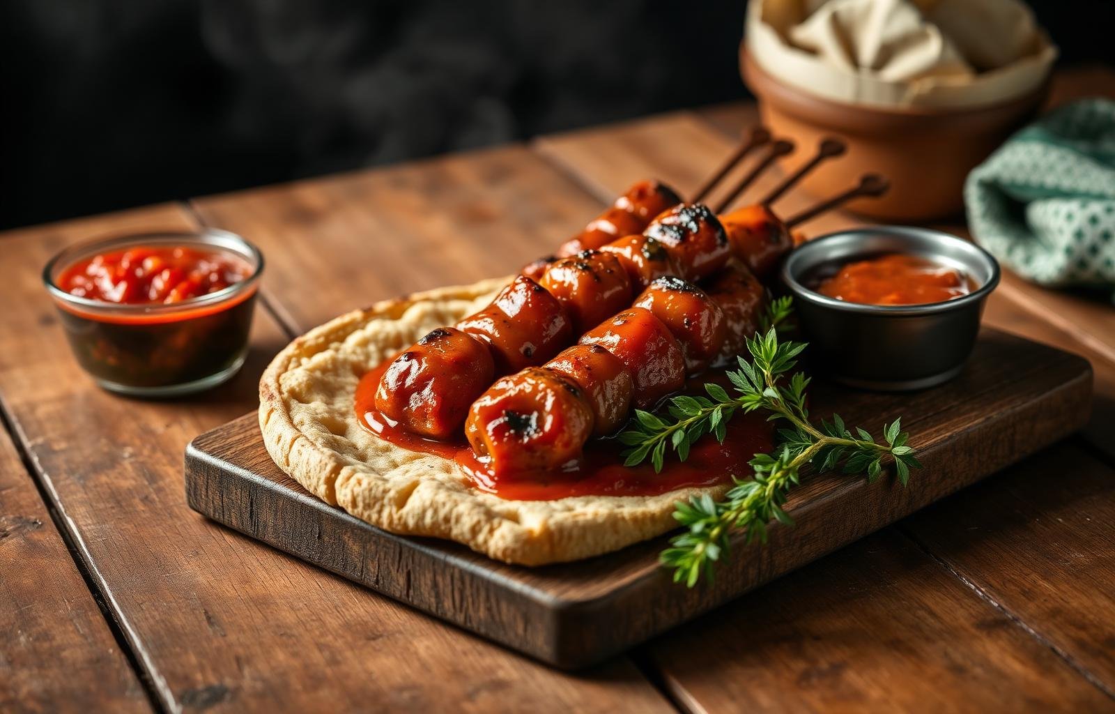 Frisch gegrillte Cevapcici auf Lepinja mit Ajvar